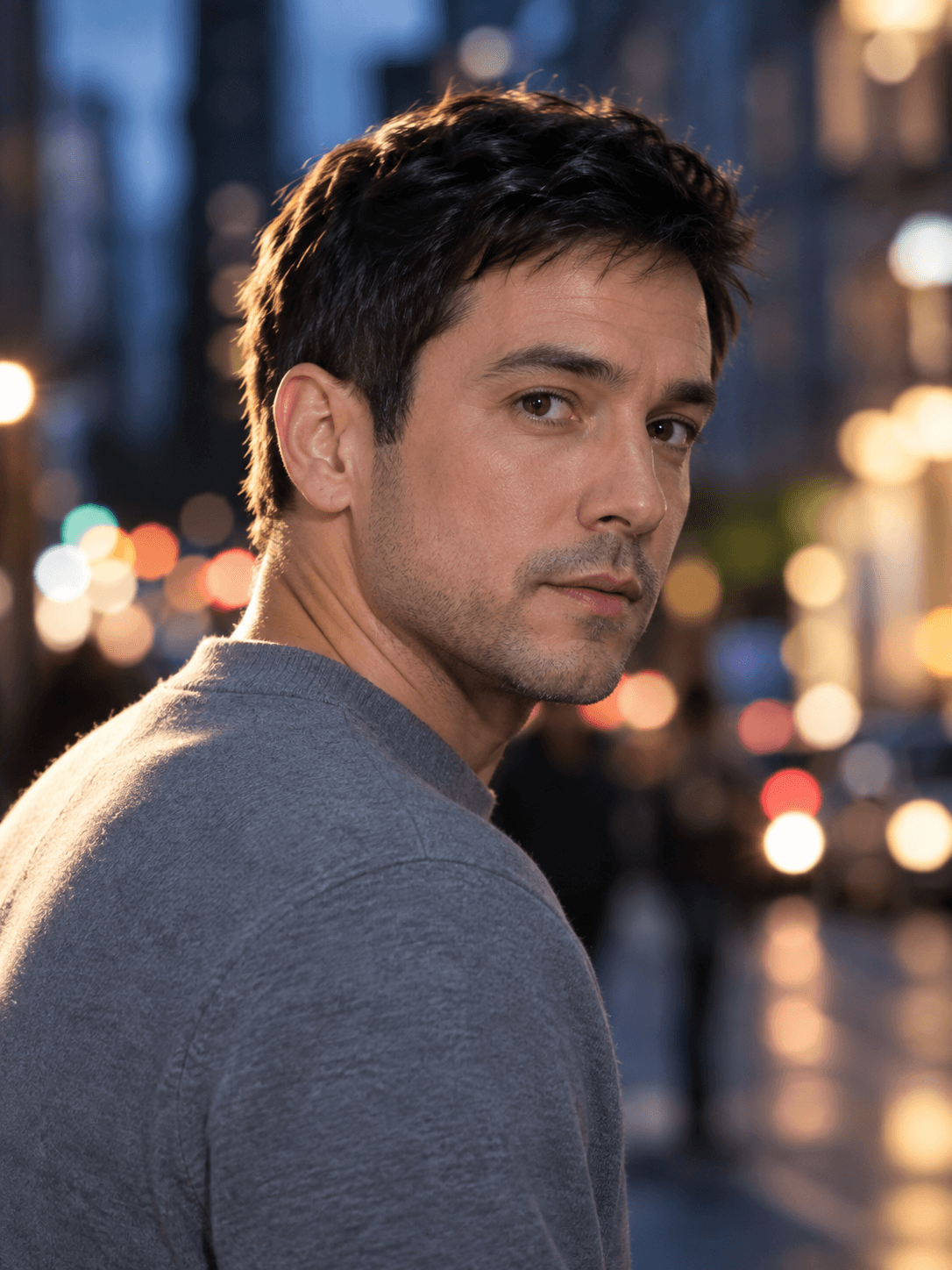 The same man in the same grey sweater on an evening street with rim light