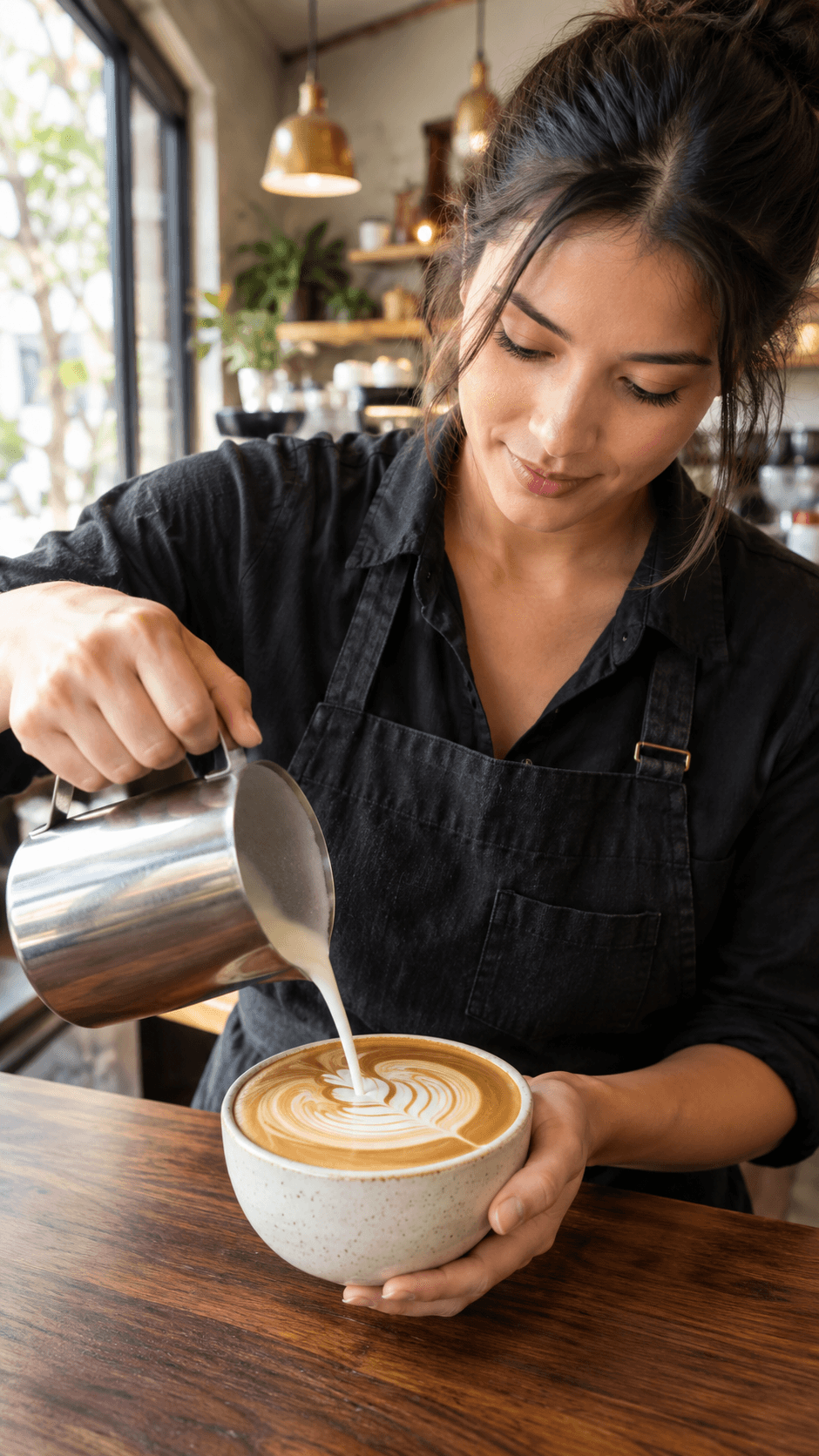 Vertical clip frame: a barista pouring milk into a ceramic cup on a walnut counter