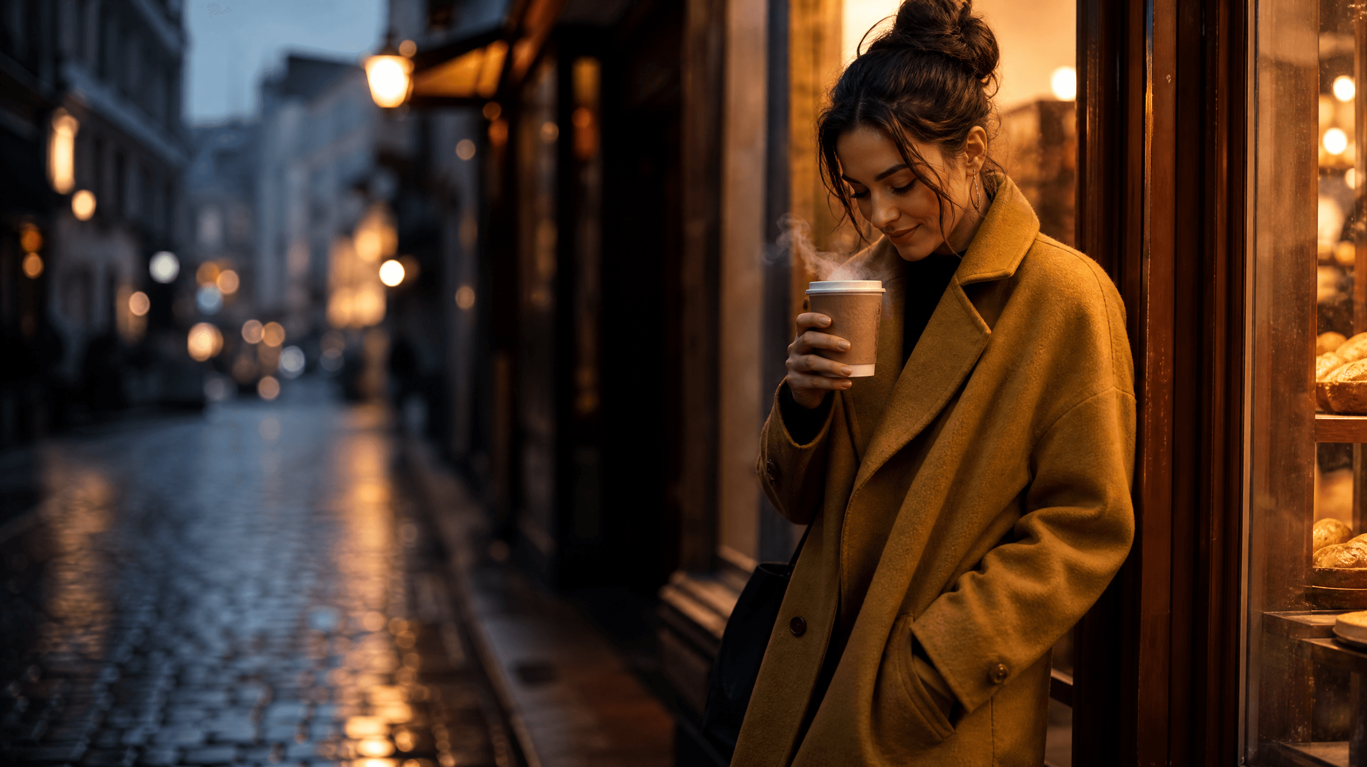 Frame from a generated clip: woman in a mustard coat by a lit bakery window at dusk
