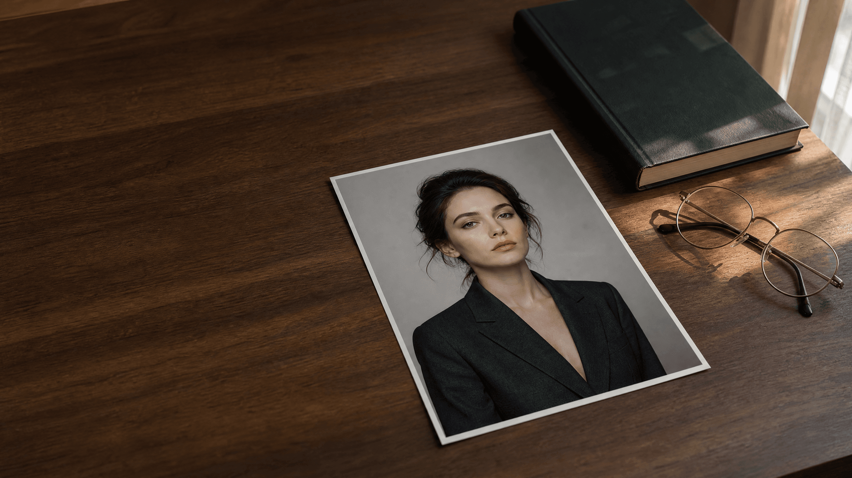 Stampa fotografica di un ritratto in studio appoggiata su una scrivania in noce accanto a un libro rilegato e a un paio di occhiali