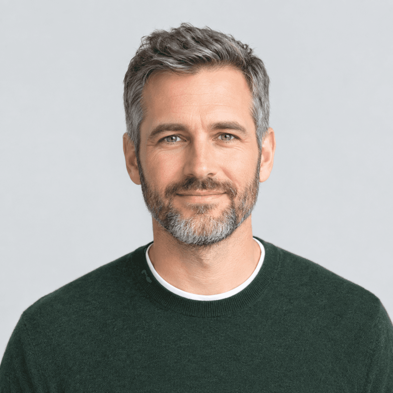 Lo stesso uomo con maglione verde scuro in lana fine sopra una t-shirt
