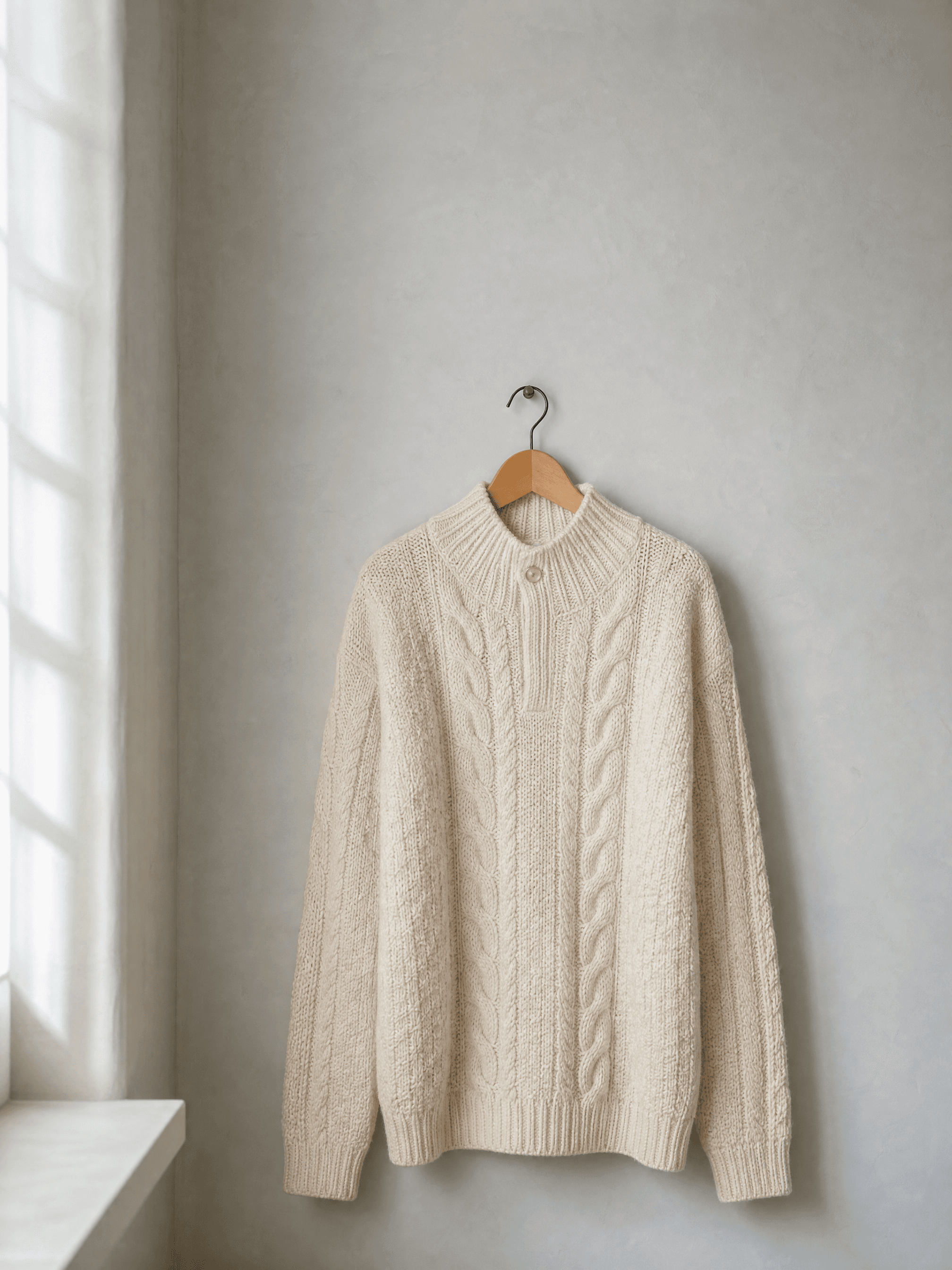 Maglione di lana color crema appeso a una gruccia di legno davanti a una parete grigio chiaro