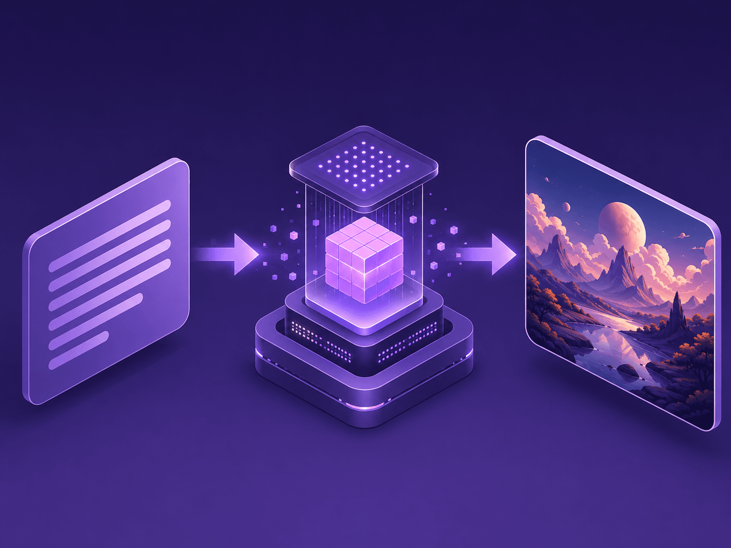 Схема работы Midjourney: текстовый промпт слева проходит через проприетарный диффузионный движок и превращается в отполированное художественное изображение справа