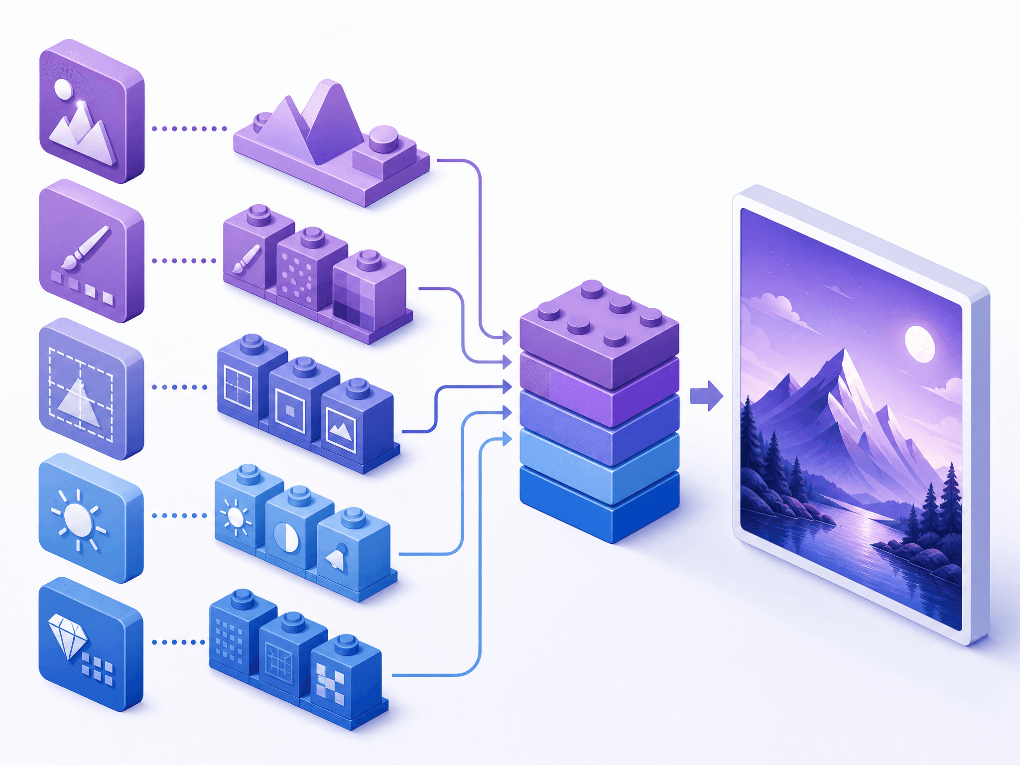 Diagram showing the anatomy of an AI prompt broken into subject, style, composition and lighting blocks feeding an image generator