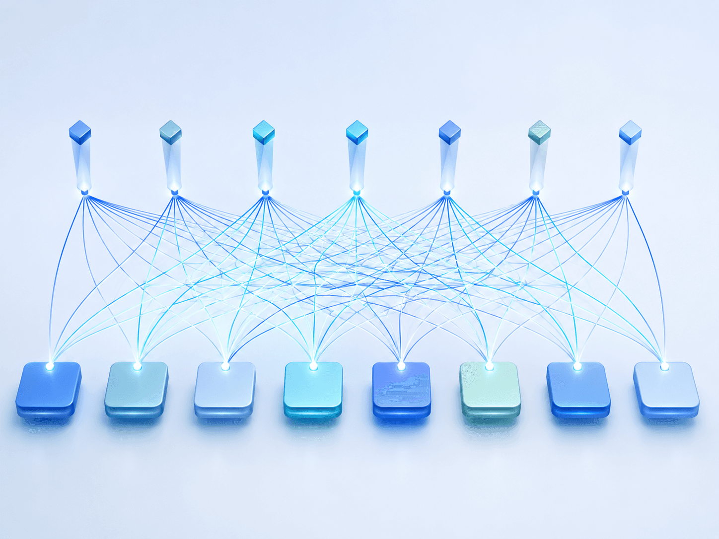 Diagram of the Transformer self-attention mechanism connecting every token to every other token with weighted lines