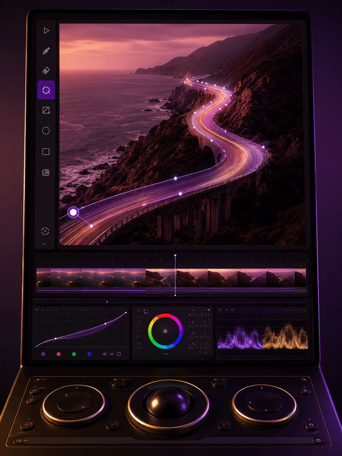 Kling 3.0 cinematic AI video studio with motion brush path over a 4K film frame