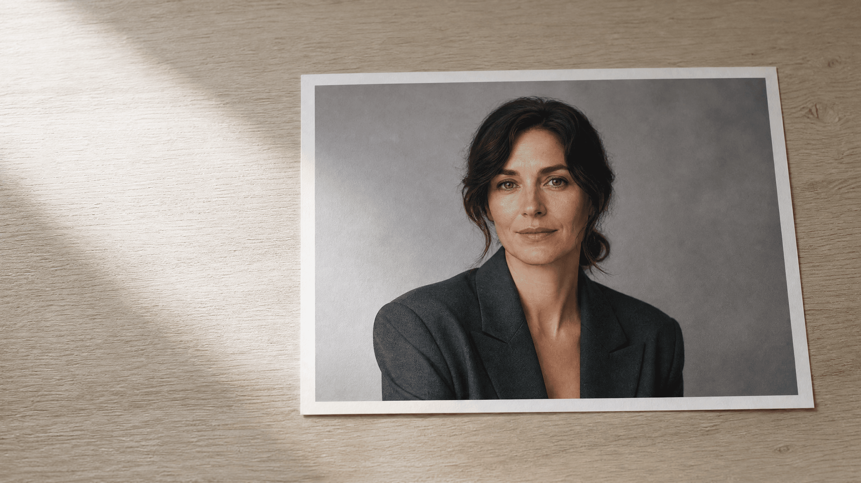 Tirage photo d’un portrait studio de femme en blazer anthracite, posé à plat sur un bureau en chêne clair
