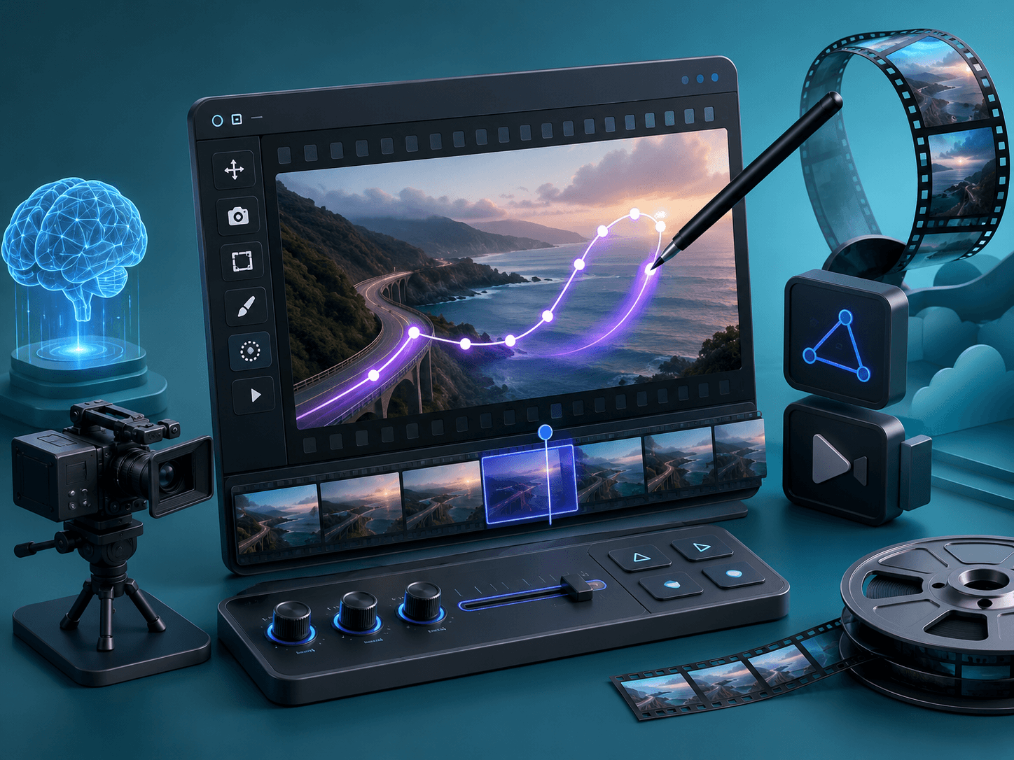 Kling 3.0 cinematic AI video generation workspace with motion brush and 4K film frames