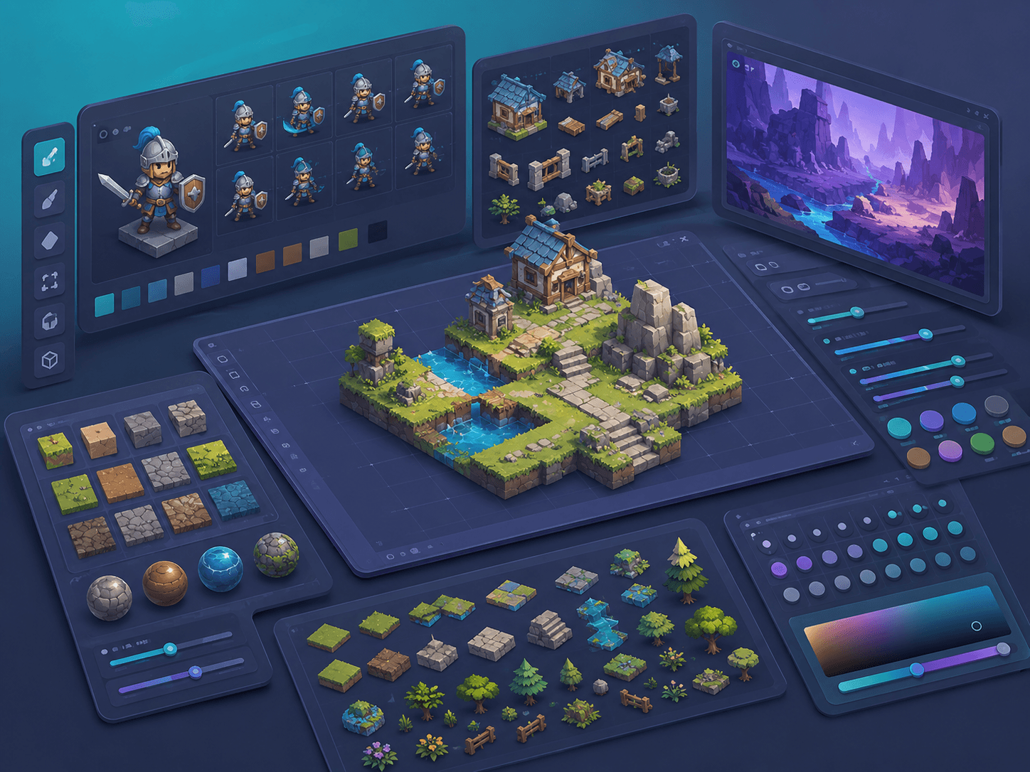 Leonardo AI canvas editor and game asset control workspace illustration