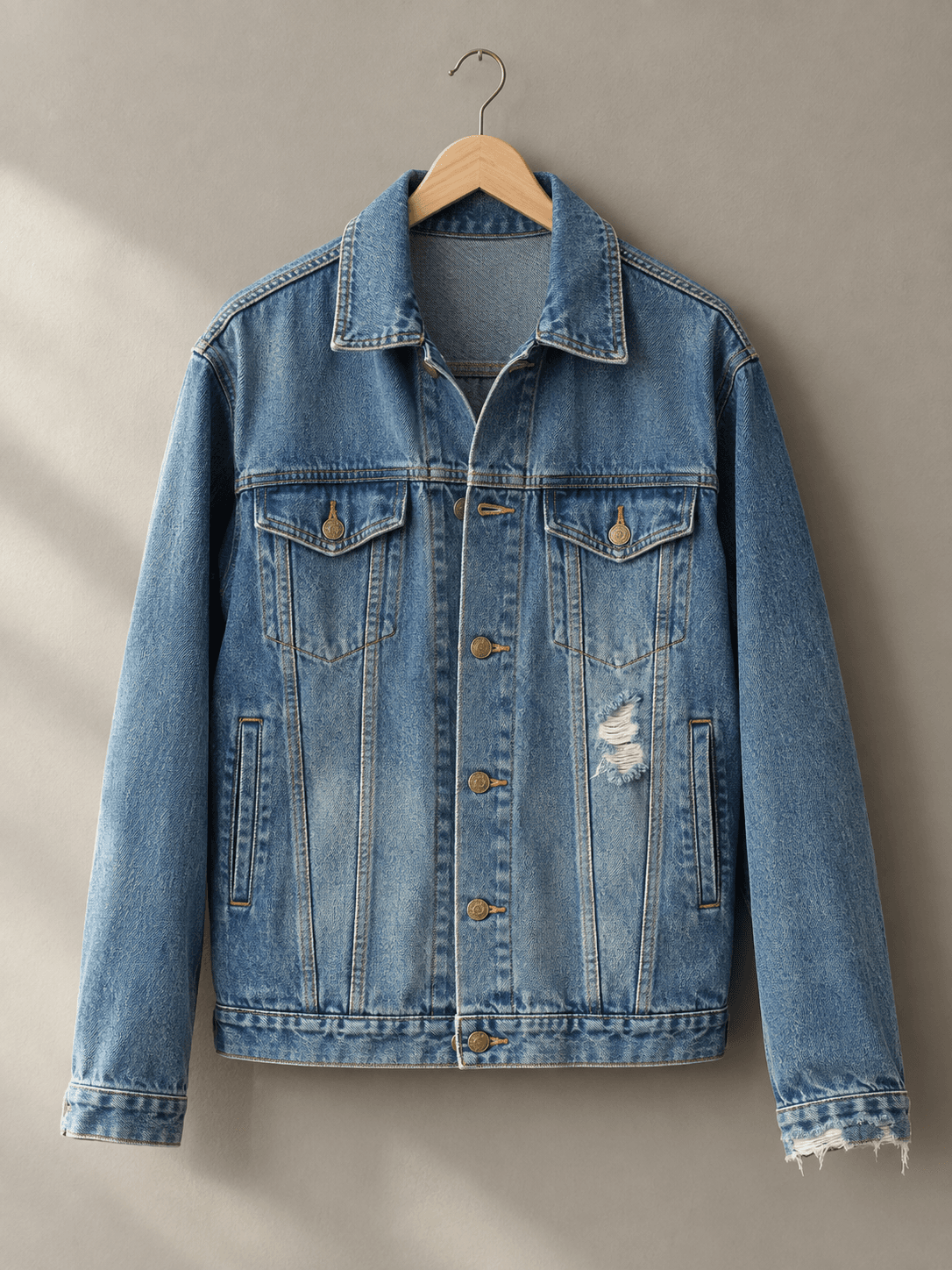La même veste en jean sur un cintre en bois devant un mur gris uni, lumière latérale