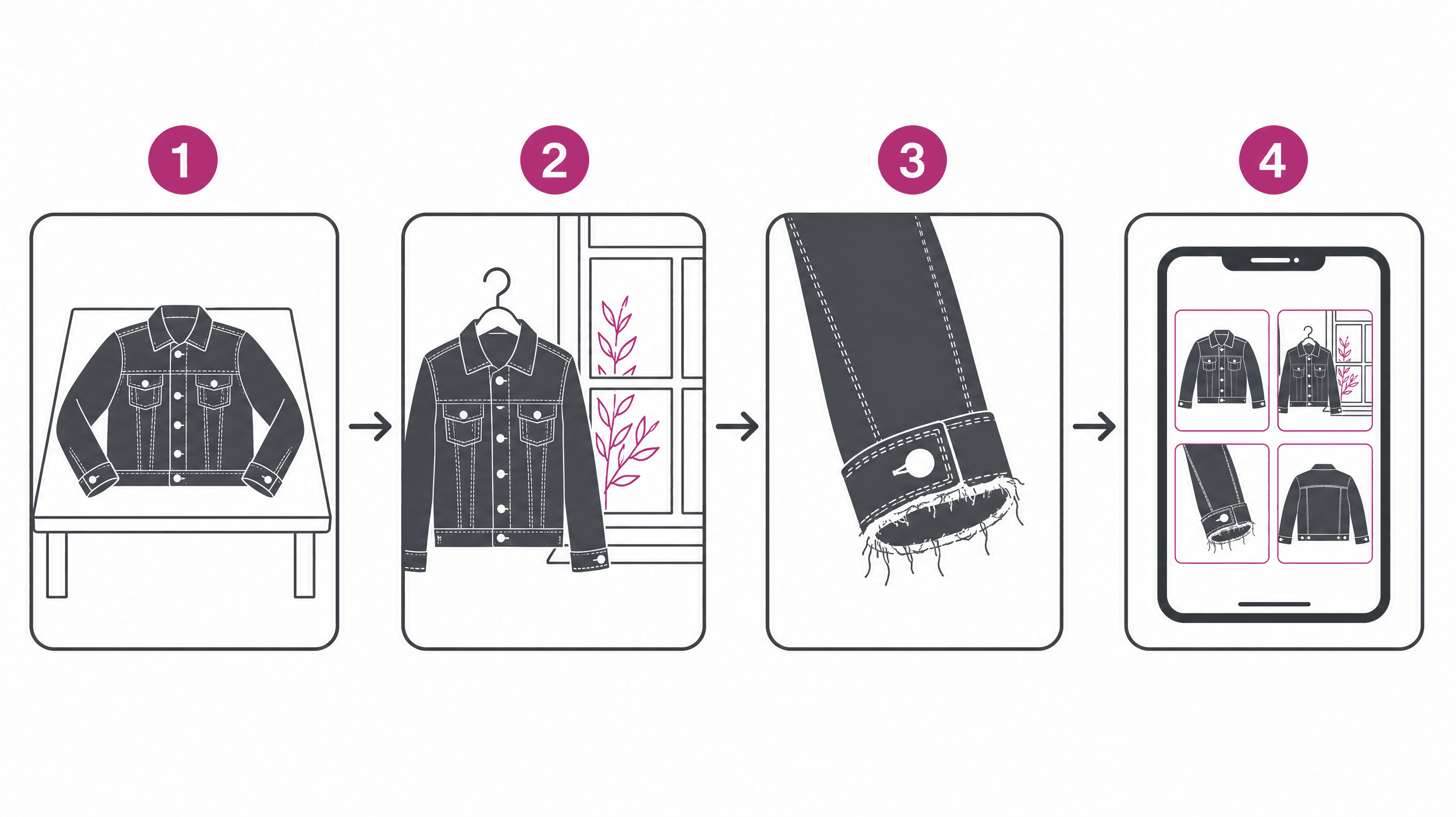 Schéma en quatre étapes : veste à plat, veste sur cintre près d’une fenêtre, gros plan du poignet, grille de photos sur un téléphone