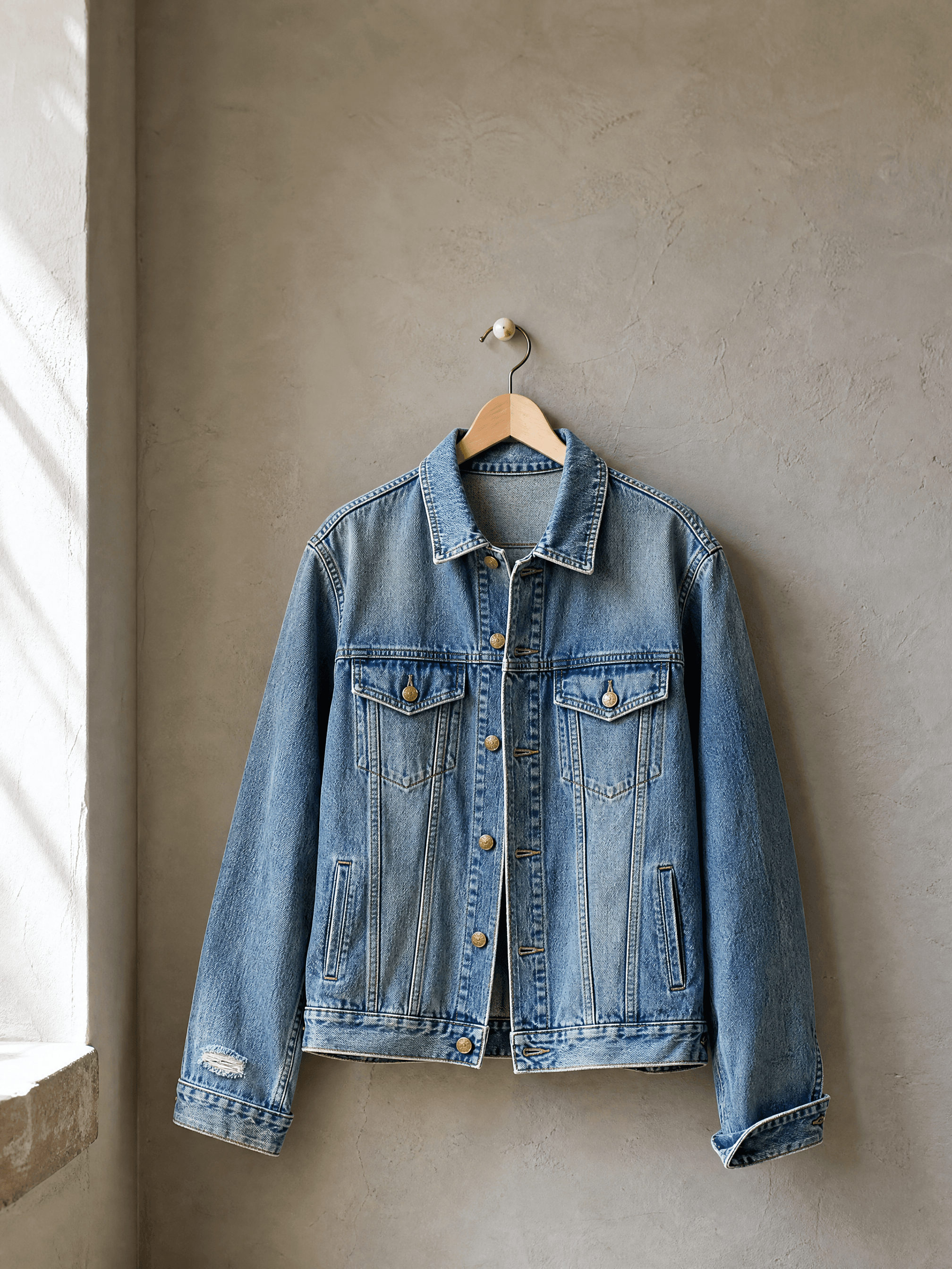 Veste en jean bleu délavé sur un cintre en bois clair devant un mur gris chaud, lumière du jour