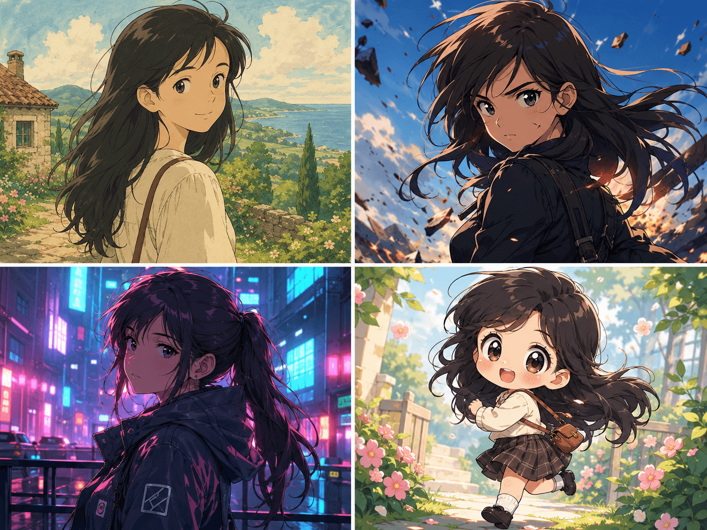 One character in four anime styles: Ghibli, shonen, cyberpunk and chibi, generated by an AI anime portrait generator