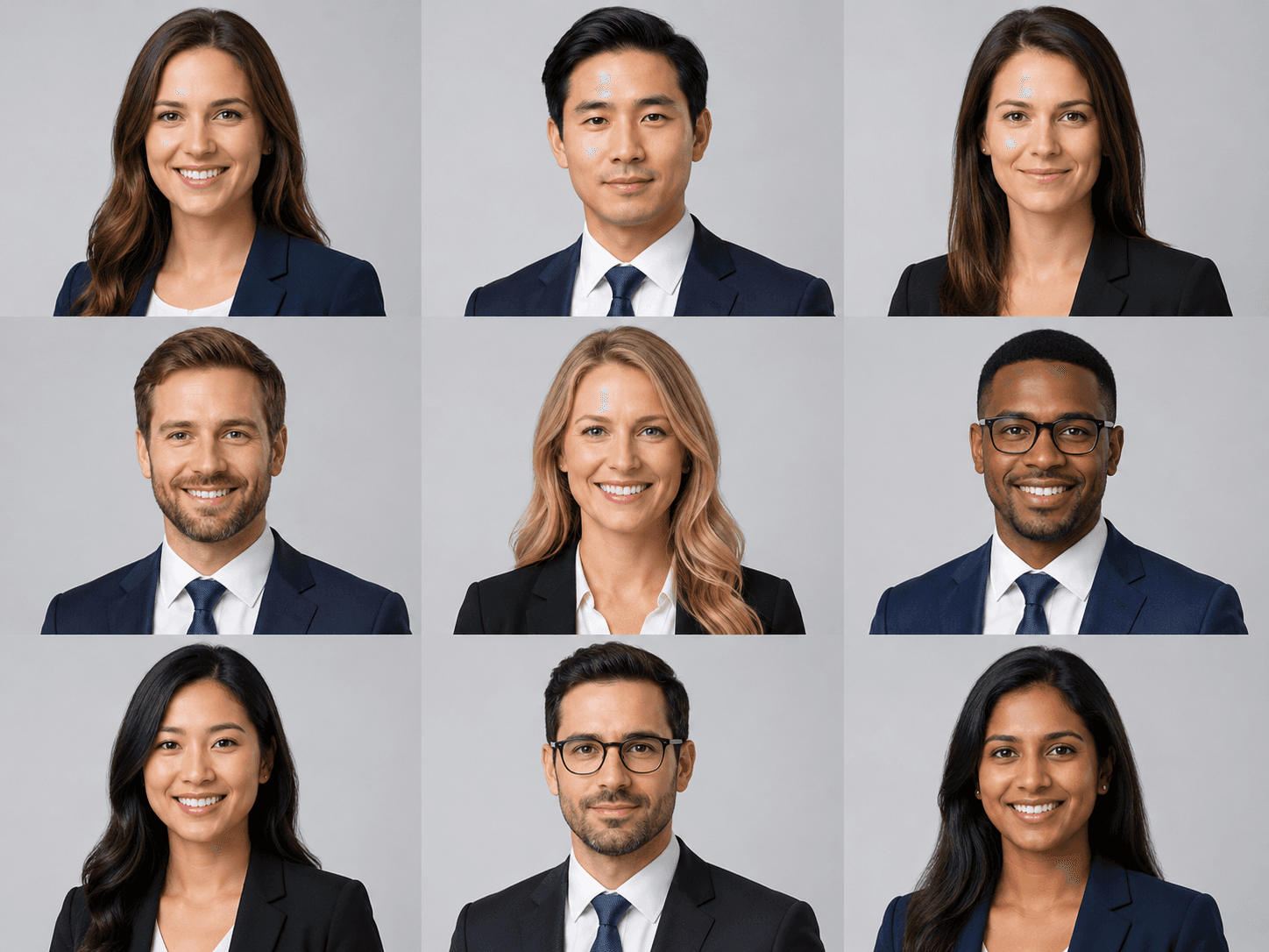 A grid of AI business portraits of employees in a consistent style for a company team page