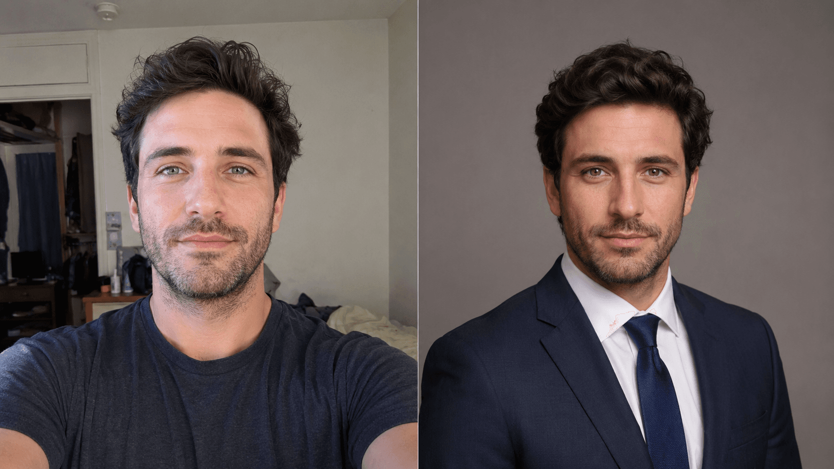Before and after: a casual selfie becomes a business portrait in a suit on a neutral background
