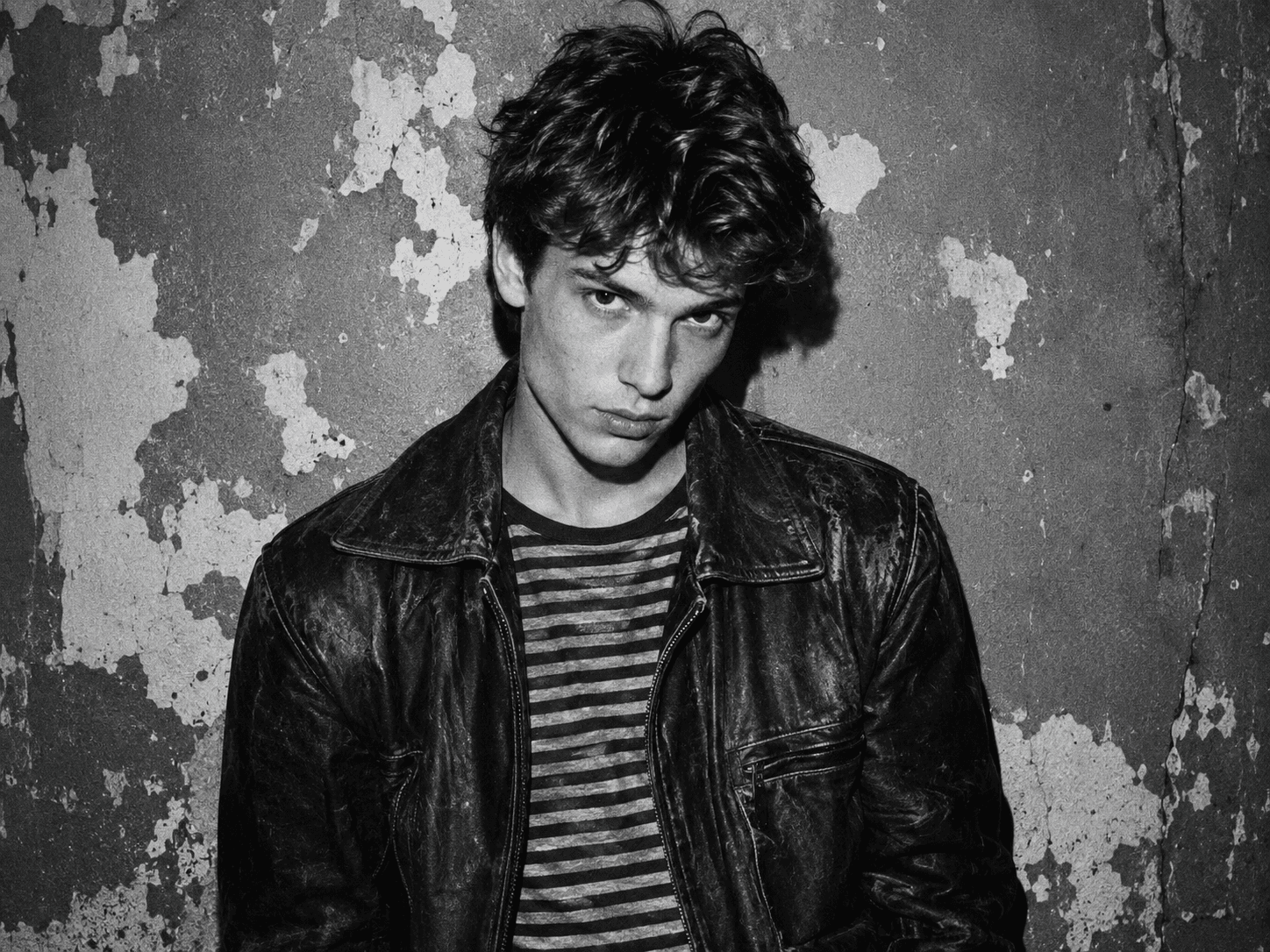 Black-and-white grunge portrait of a man in a worn leather jacket against a peeling wall