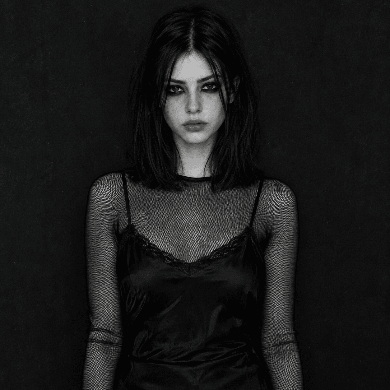 Dark grunge PFP: black-and-white portrait with smudged liner on a near-black background