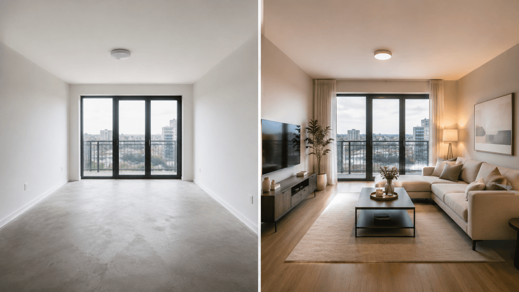 An empty room before and furnished after — AI virtual home staging