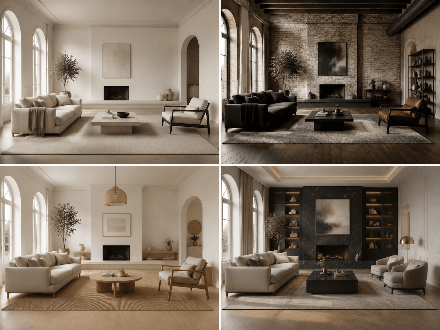 One room shown in four interior design styles generated by a neural network from a photo