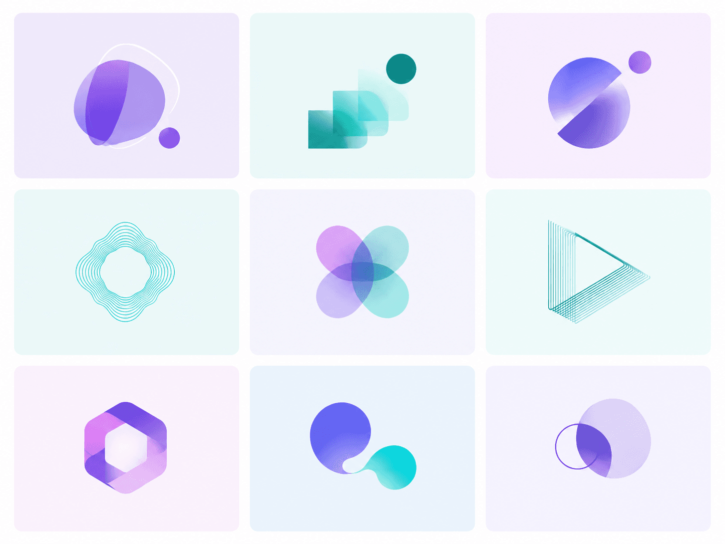 A grid of logo concepts generated by an AI logo generator: marks, emblems and monograms