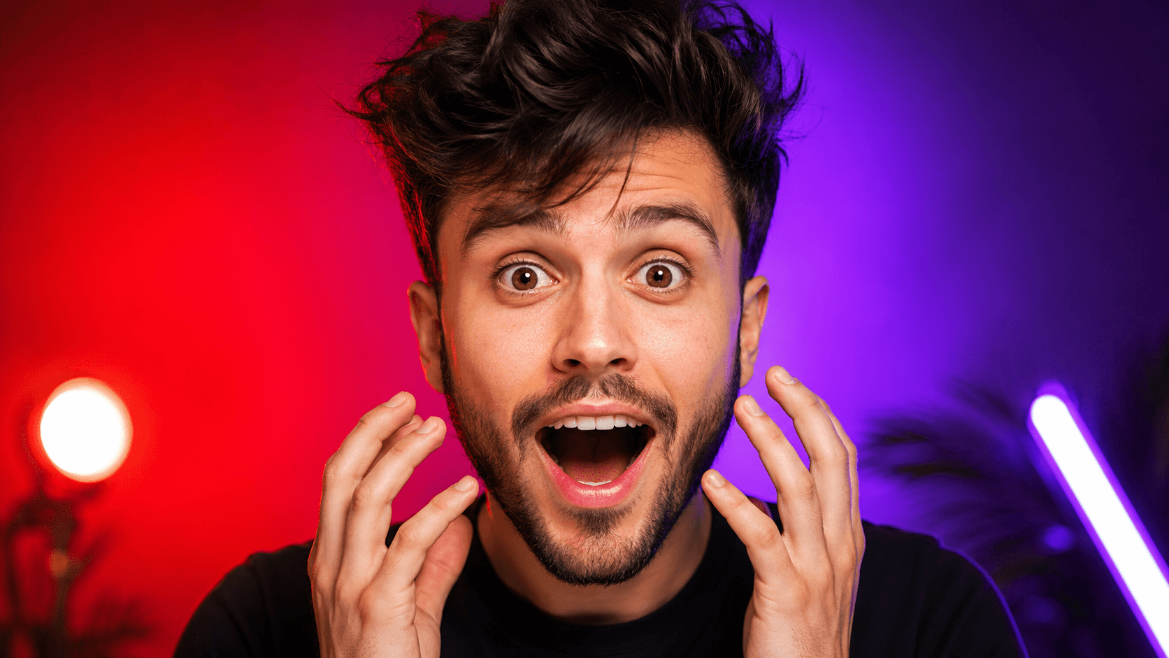 A large creator portrait with a bold emotion — an AI-generated face-forward YouTube thumbnail