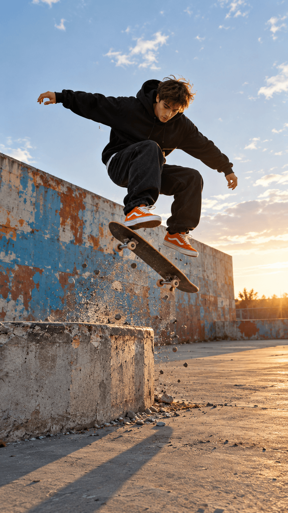 Vertical film still of a skateboarder in a black hoodie mid-air over a concrete ledge in late afternoon sun