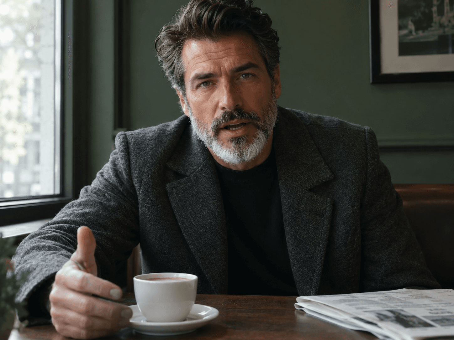 Close-up film still of a bearded man in a grey coat speaking at a cafe table, soft window light