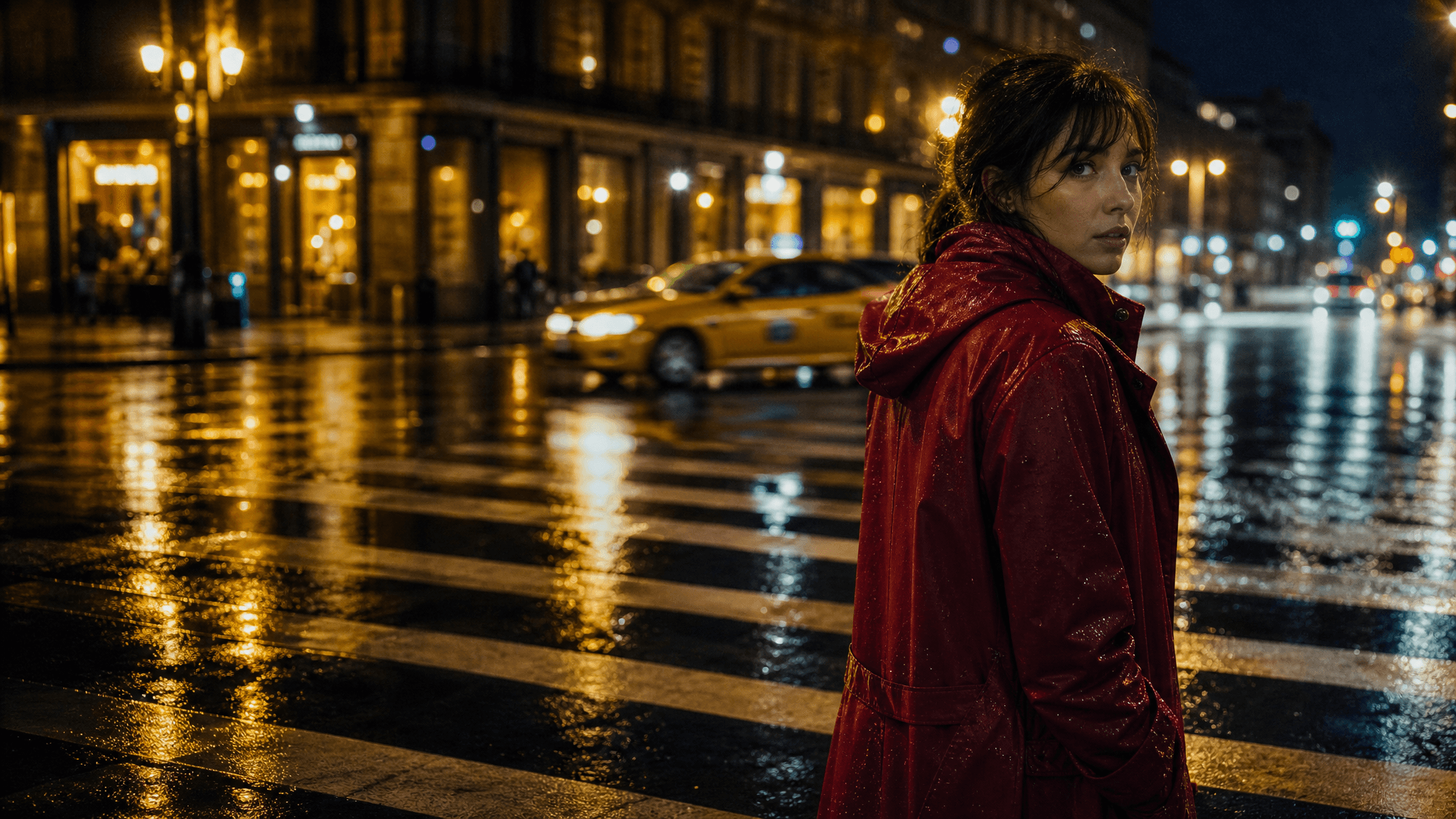 Film frame from an AI video model: woman in a red raincoat on a wet night crosswalk, neon reflections in puddles